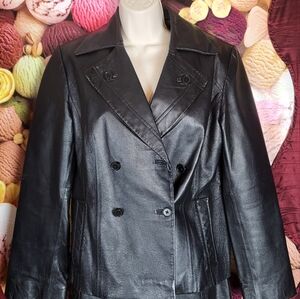 BLACK NEWPORT NEWS SIZE 8 WOMENS POCKETS DOUBLE BREASTED LEATHER JACKET